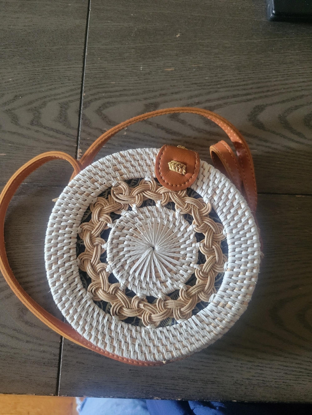 Round Straw Crossbody Bag with Tan Trim